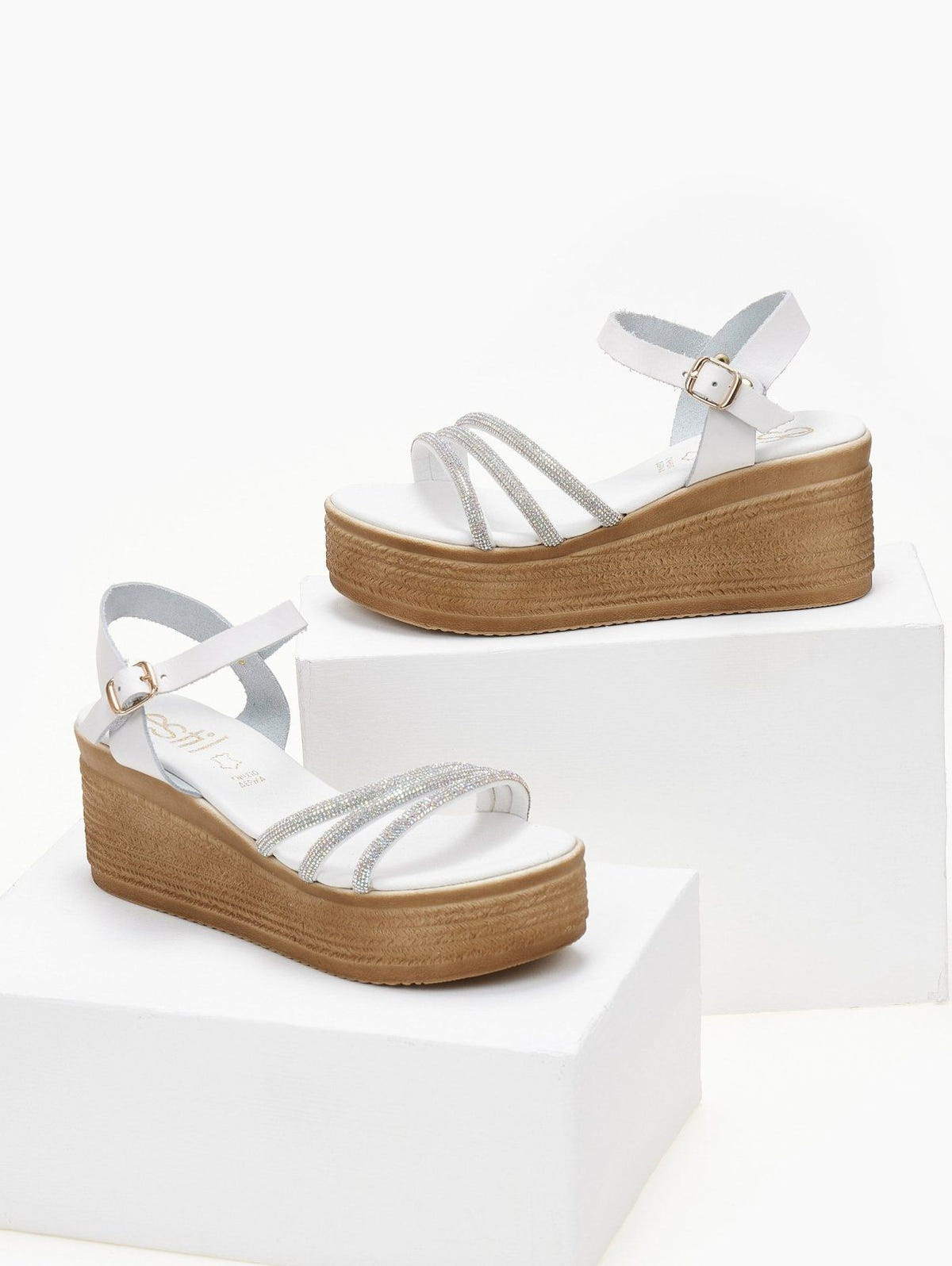 Πλατφόρμες δερμάτινες με στρας estil - Λευκό - thefashionproject.gr - Estil