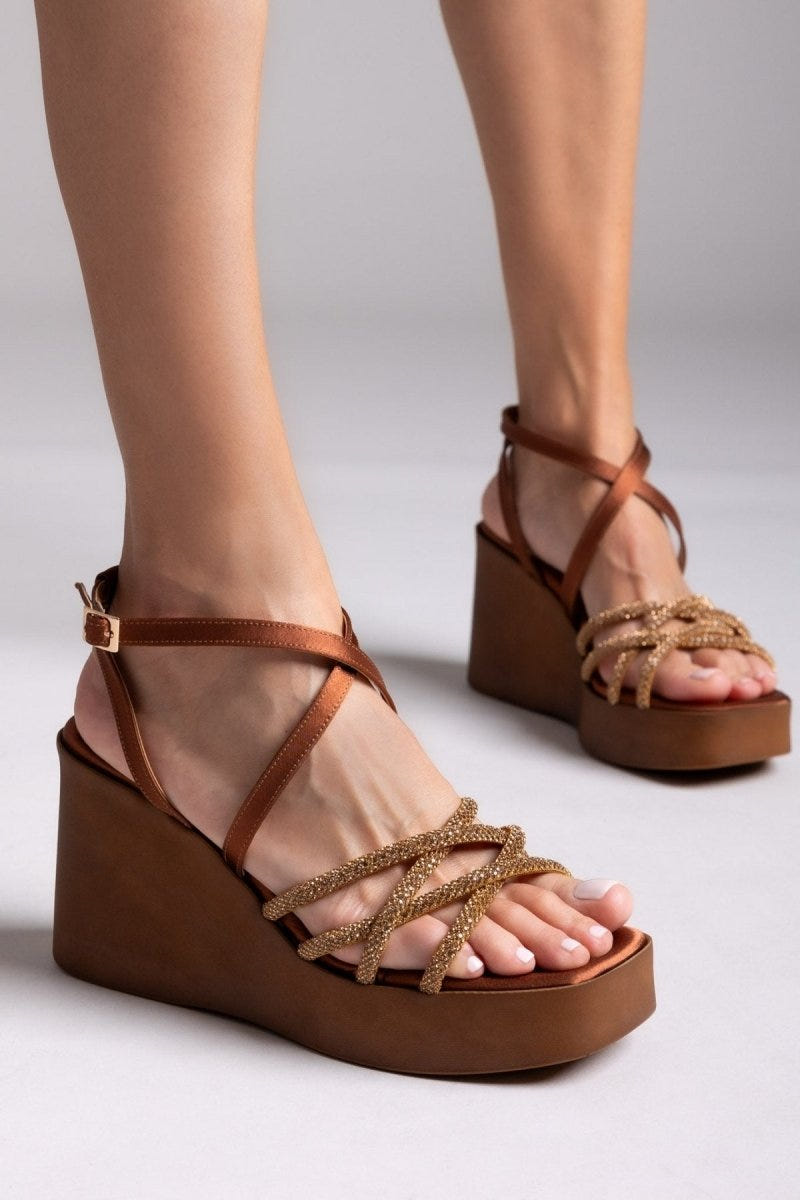 Πλατφόρμες σατέν με στρας Tfp - Μπρονζέ - thefashionproject.gr - TFP