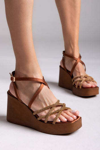 Πλατφόρμες σατέν με στρας Tfp - Μπρονζέ - thefashionproject.gr - TFP