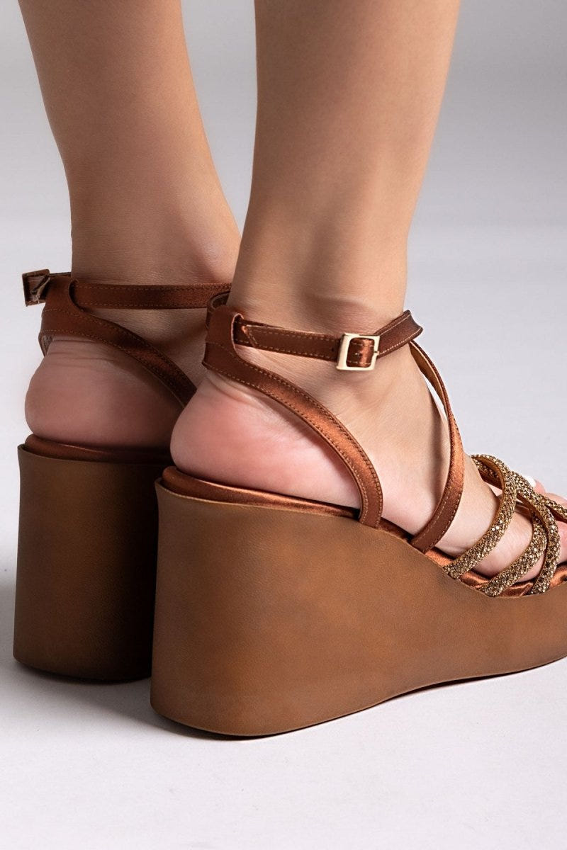 Πλατφόρμες σατέν με στρας Tfp - Μπρονζέ - thefashionproject.gr - TFP