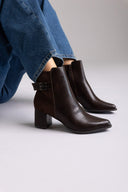 Pointed Ankle Boots with Low Block Heel - Dark Brown Matte - thefashionproject.gr - Ideal shoes