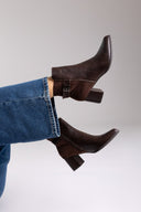 Pointed Ankle Boots with Low Block Heel - Dark Brown Matte - thefashionproject.gr - Ideal shoes