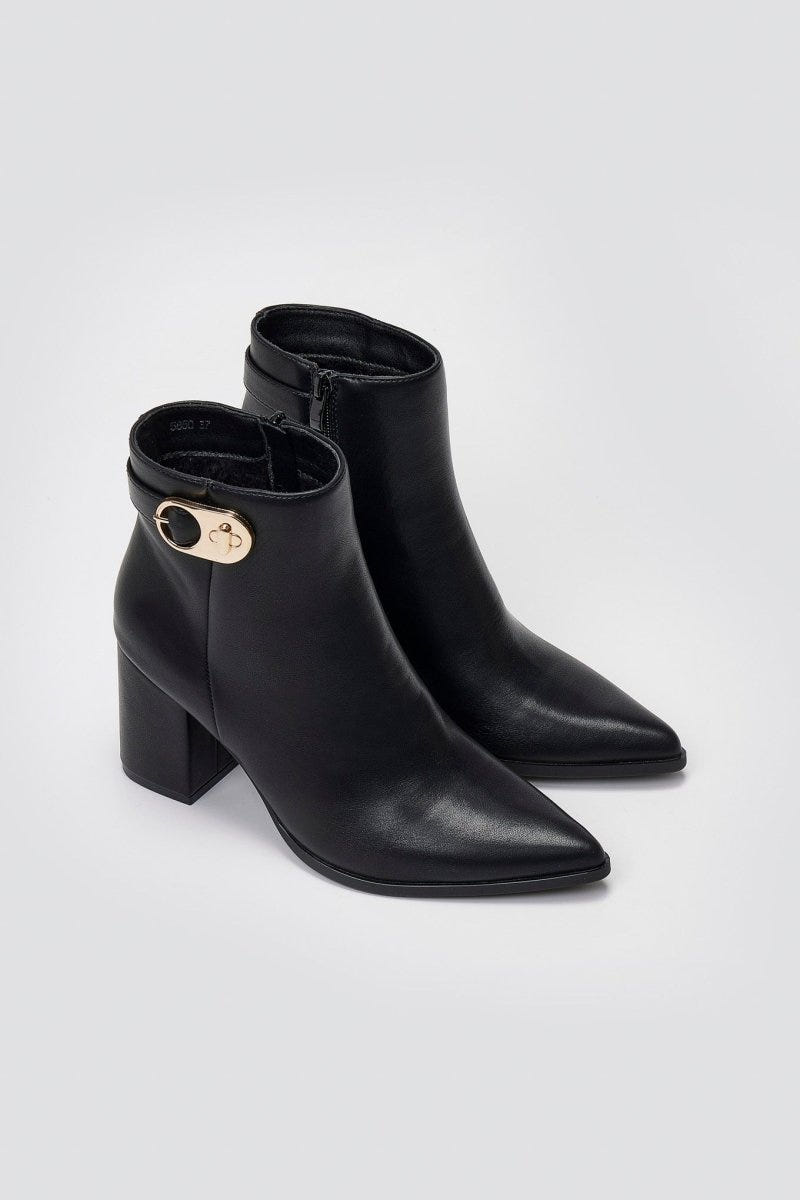 Pointed Ankle Boots with Metal Detail - Black Matte - thefashionproject.gr - Ideal shoes