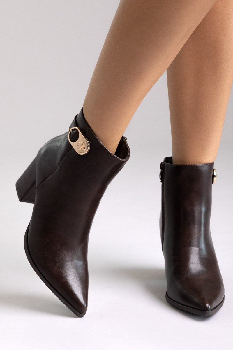 Pointed Ankle Boots with Metal Detail - Dark Brown Matte - thefashionproject.gr - Ideal shoes