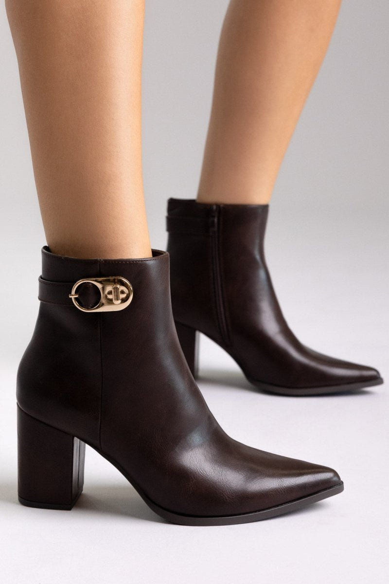 Pointed Ankle Boots with Metal Detail - Dark Brown Matte - thefashionproject.gr - Ideal shoes