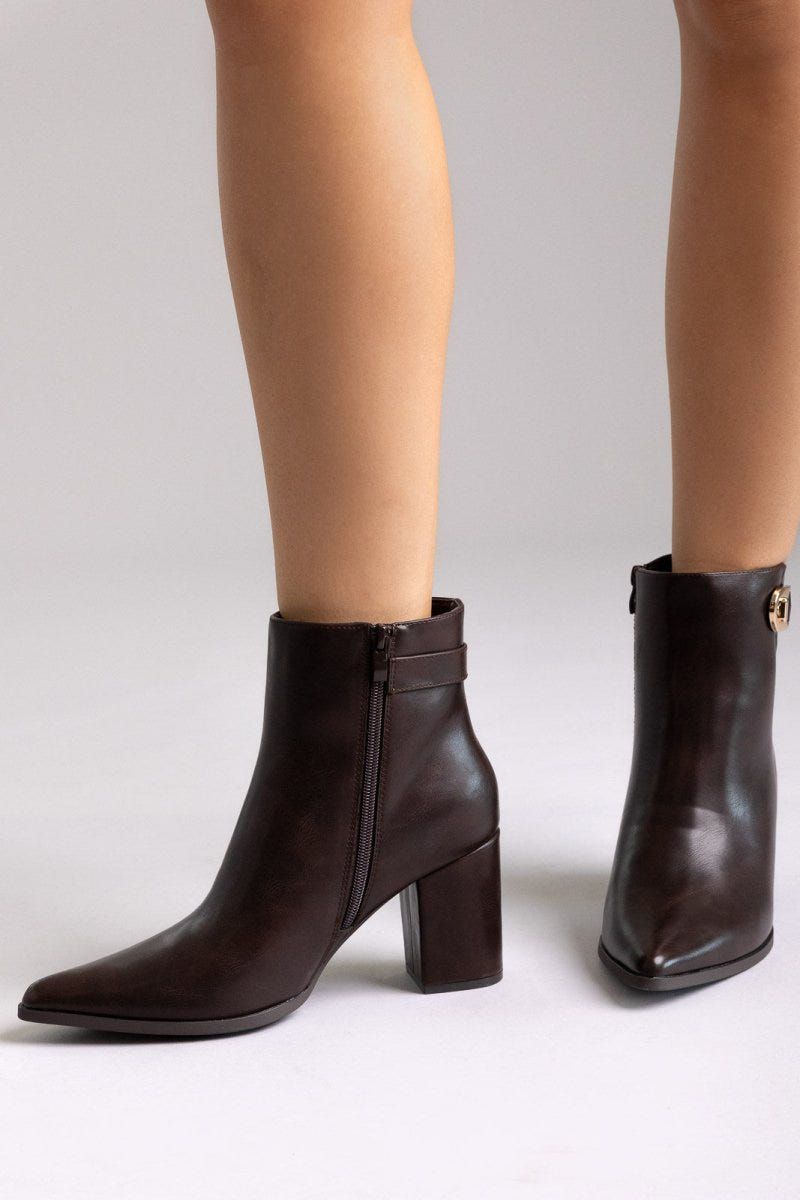 Pointed Ankle Boots with Metal Detail - Dark Brown Matte - thefashionproject.gr - Ideal shoes