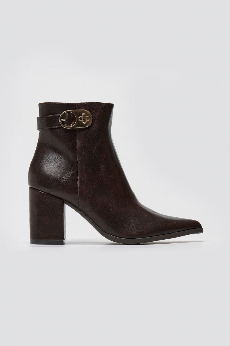 Pointed Ankle Boots with Metal Detail - Dark Brown Matte - thefashionproject.gr - Ideal shoes