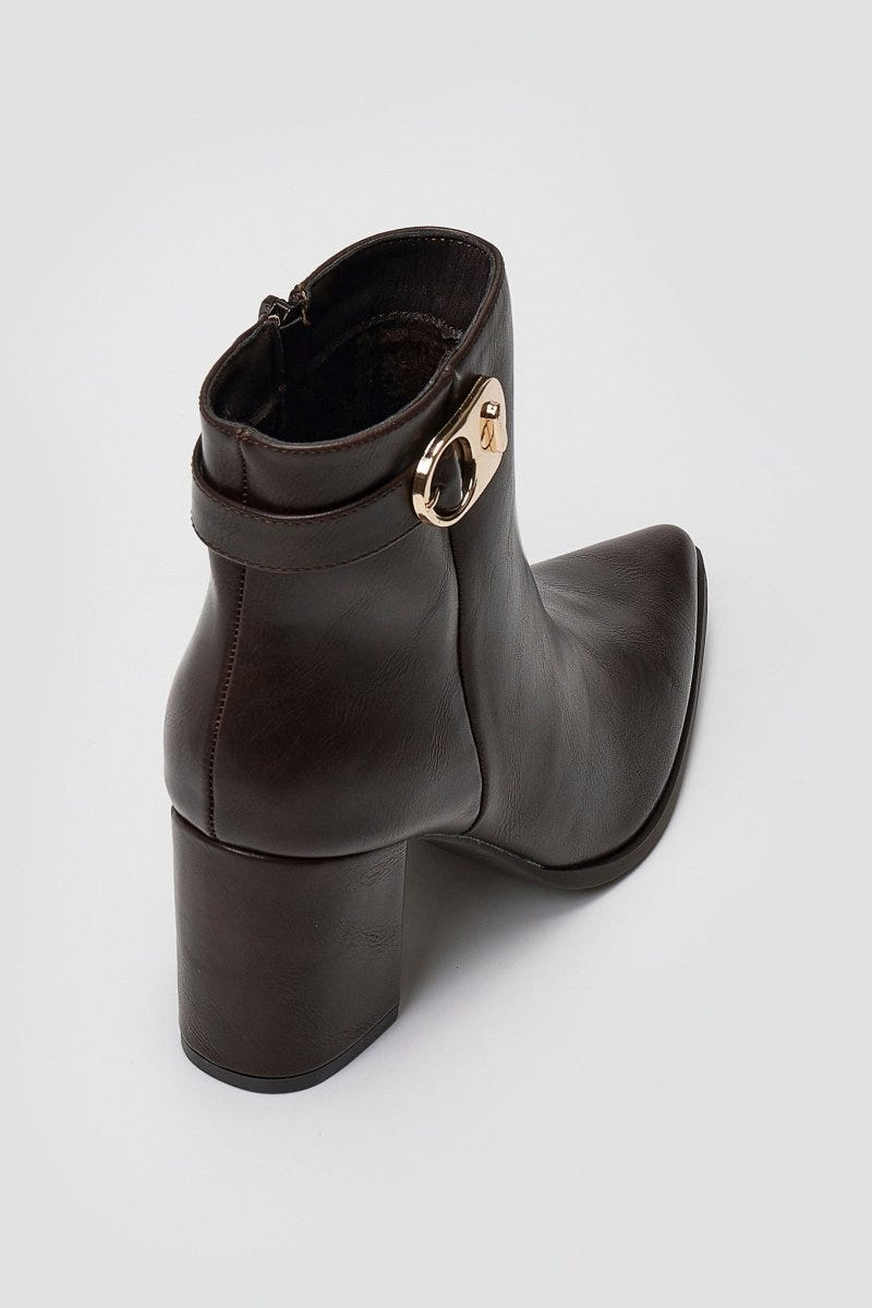 Pointed Ankle Boots with Metal Detail - Dark Brown Matte - thefashionproject.gr - Ideal shoes