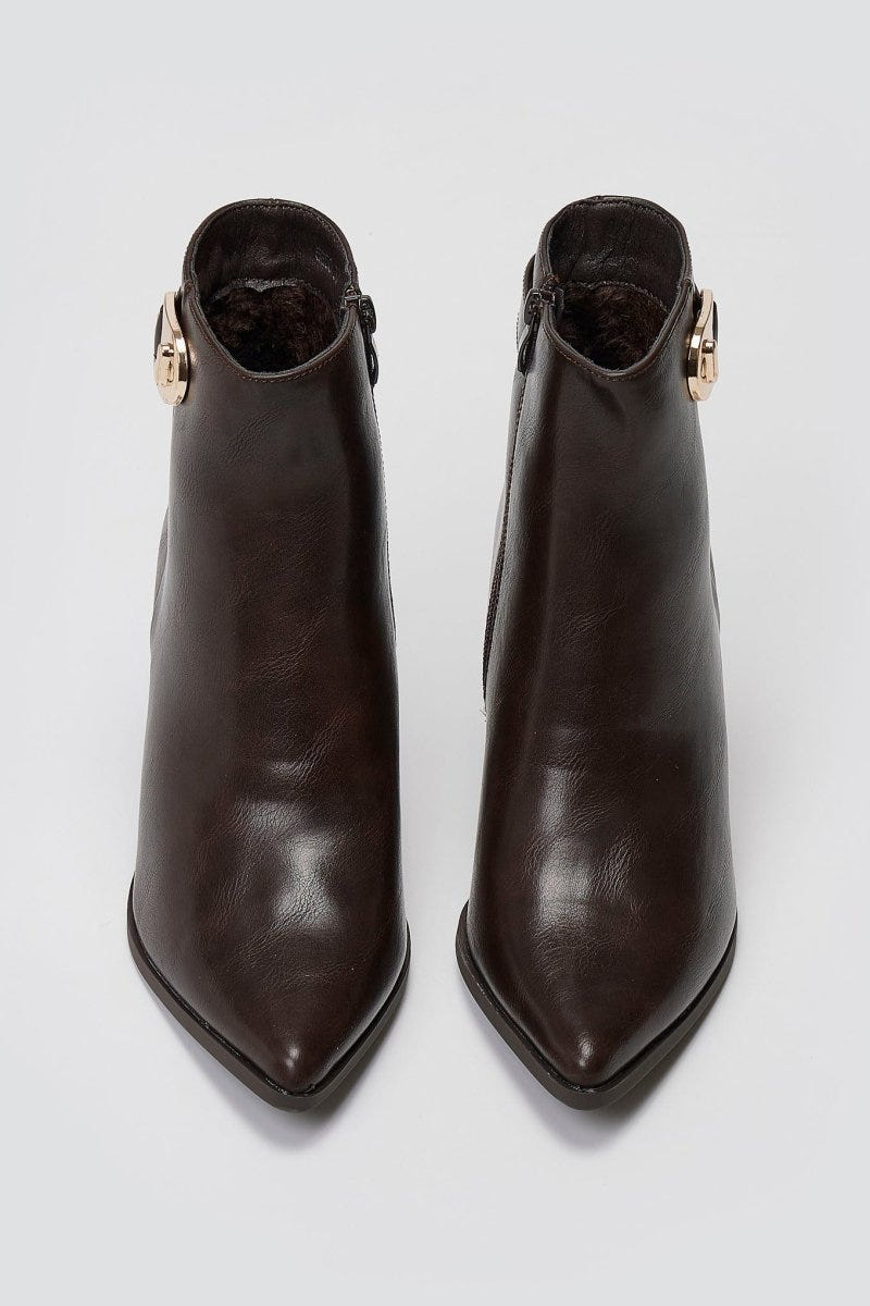 Pointed Ankle Boots with Metal Detail - Dark Brown Matte - thefashionproject.gr - Ideal shoes