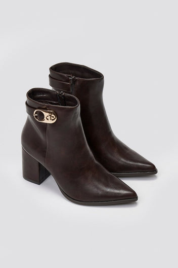 Pointed Ankle Boots with Metal Detail - Dark Brown Matte - thefashionproject.gr - Ideal shoes