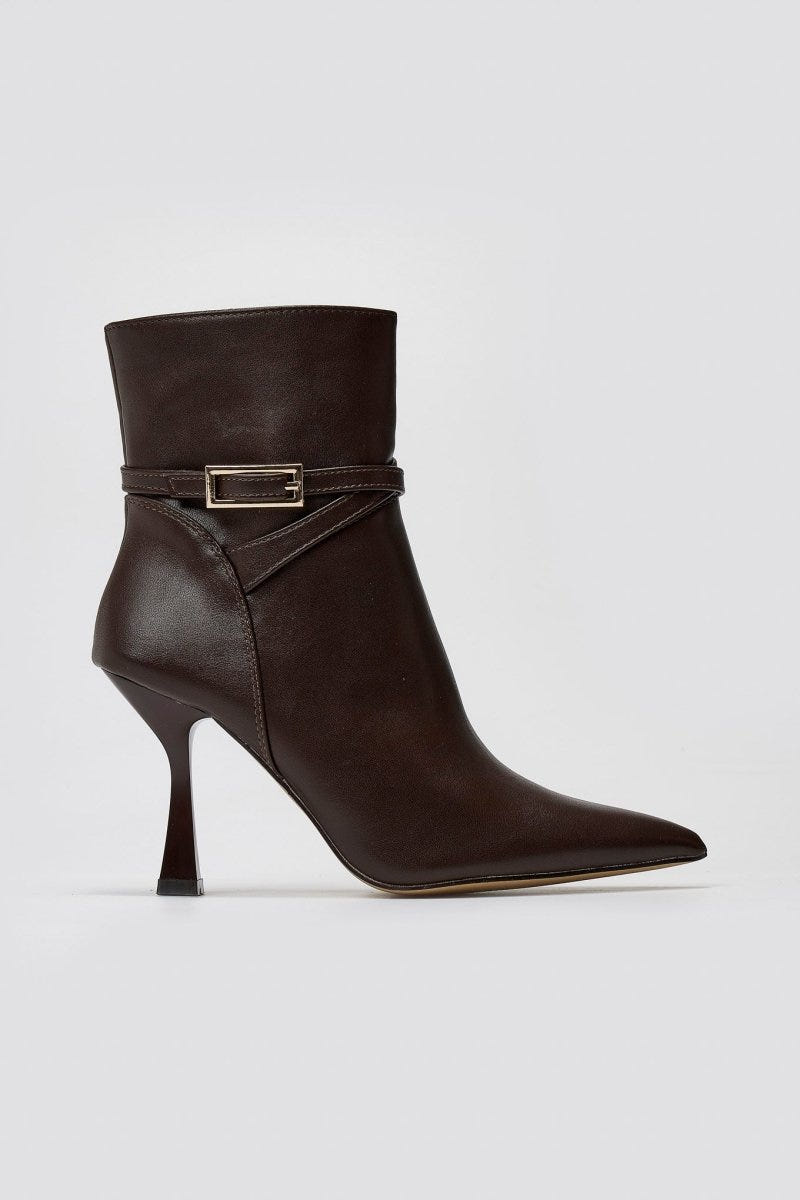 Pointed Ankle Boots with Stiletto Heel - Dark Brown Matte - thefashionproject.gr - Ideal shoes