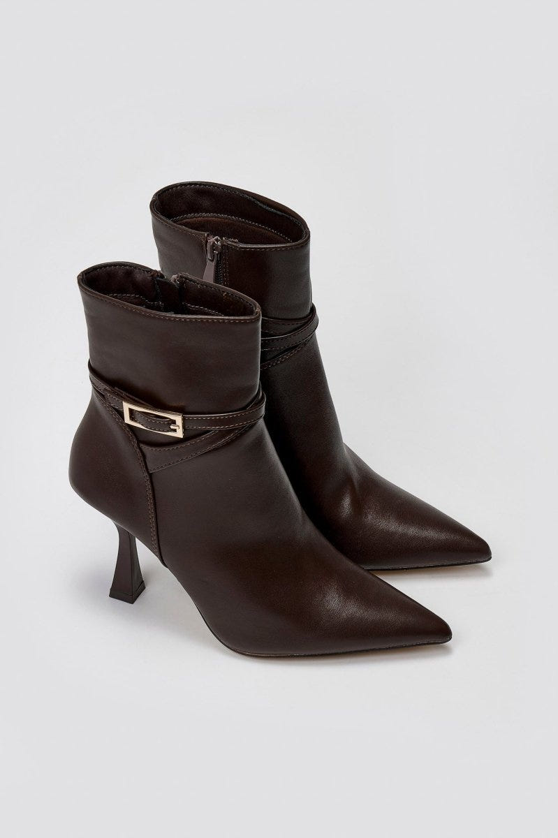 Pointed Ankle Boots with Stiletto Heel - Dark Brown Matte - thefashionproject.gr - Ideal shoes