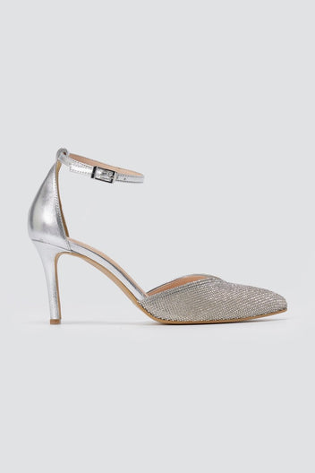 IRIS - Pointed Ankle Strap Pumps Rhinestone - Silver Strass