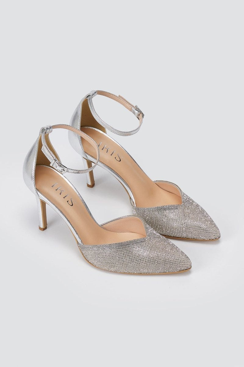 IRIS - Pointed Ankle Strap Pumps Rhinestone - Silver Strass