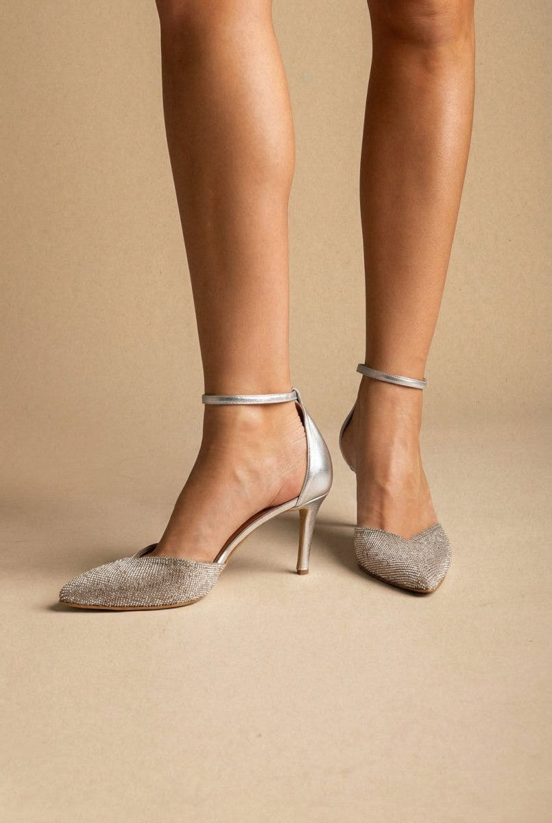 IRIS - Pointed Ankle Strap Pumps Rhinestone - Silver Strass