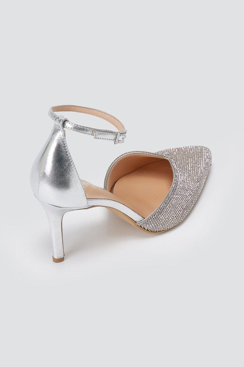 IRIS - Pointed Ankle Strap Pumps Rhinestone - Silver Strass