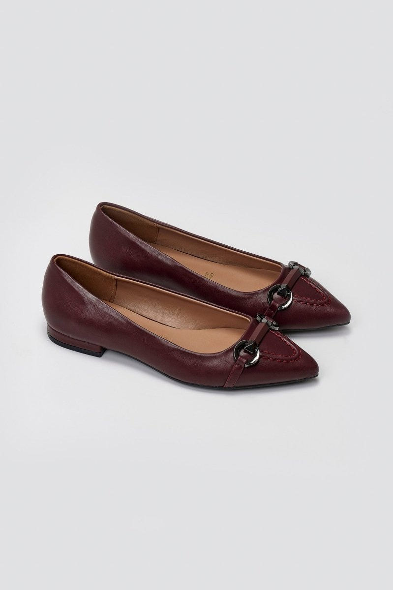 Pointed Ballet Flats with Metal Detail - Burgundy Matte - thefashionproject.gr - Martin Pescatore