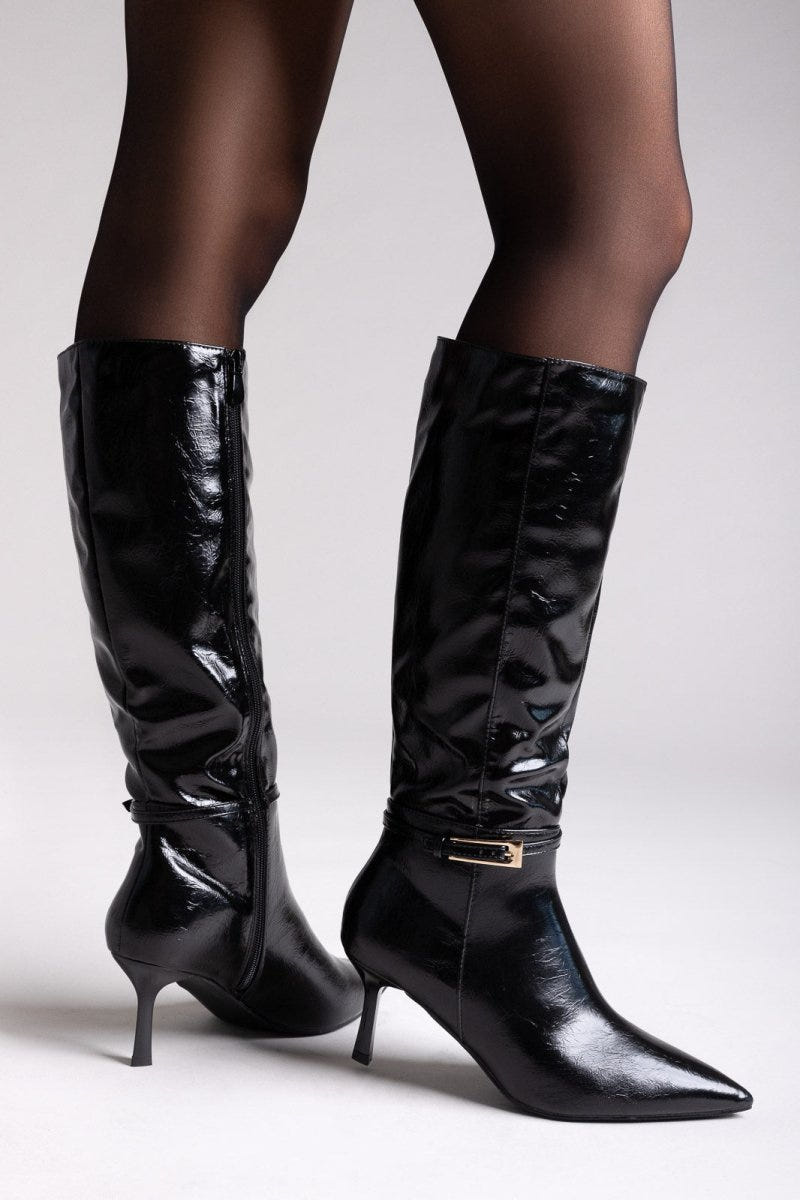 Pointed Boots with Buckle Strap - Black Crinkled Patent - thefashionproject.gr - Ideal shoes