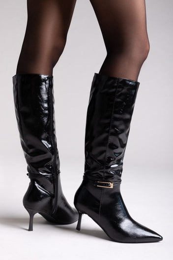Pointed Boots with Buckle Strap - Black Crinkled Patent - thefashionproject.gr - Ideal shoes