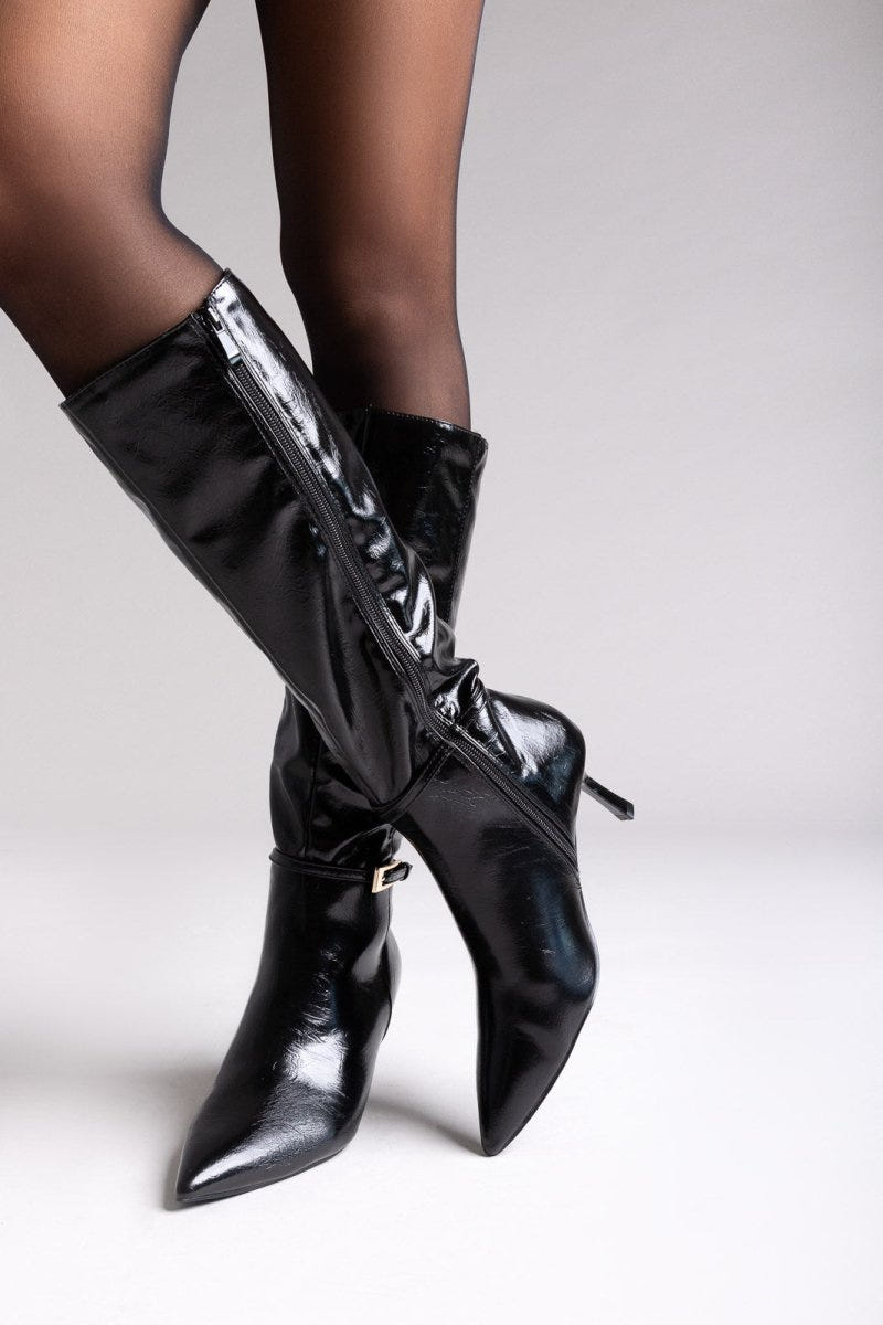 Pointed Boots with Buckle Strap - Black Crinkled Patent - thefashionproject.gr - Ideal shoes