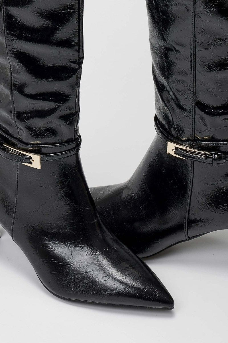 Pointed Boots with Buckle Strap - Black Crinkled Patent - thefashionproject.gr - Ideal shoes