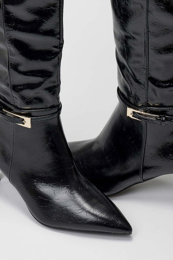 Pointed Boots with Buckle Strap - Black Crinkled Patent - thefashionproject.gr - Ideal shoes