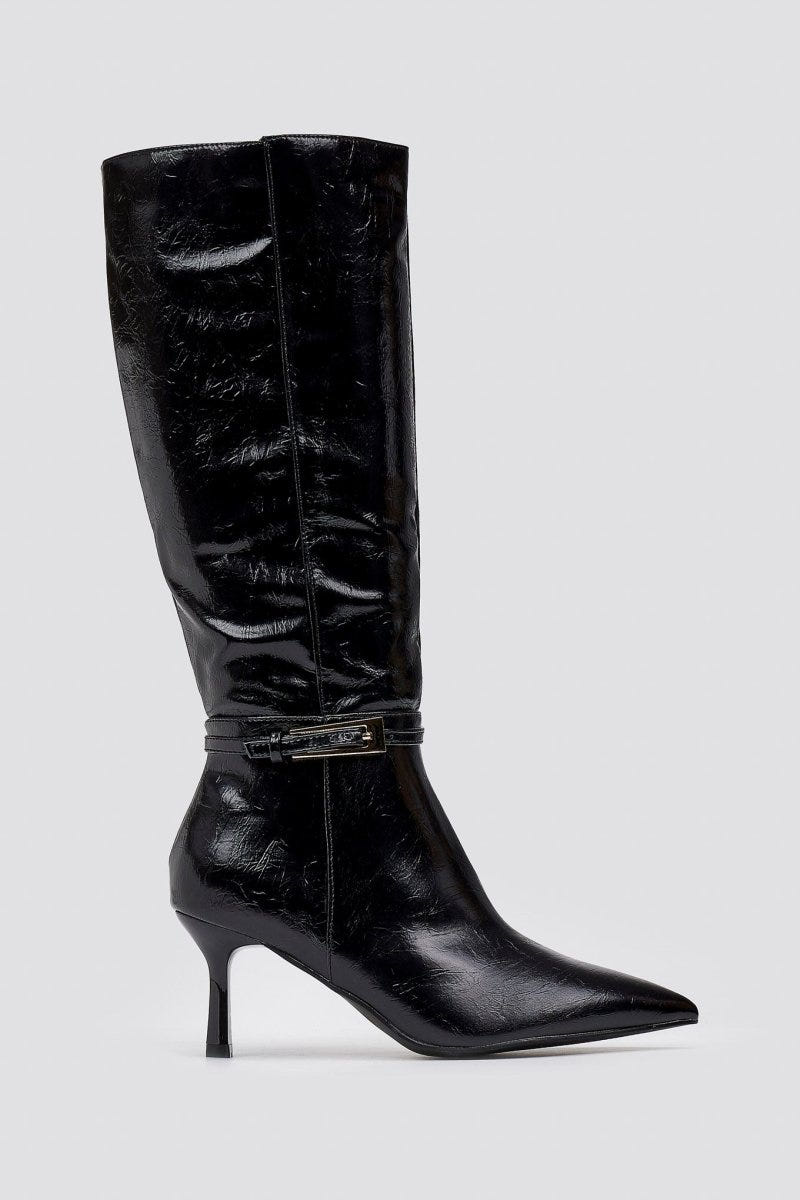 Pointed Boots with Buckle Strap - Black Crinkled Patent - thefashionproject.gr - Ideal shoes
