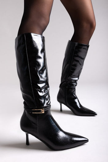 Pointed Boots with Buckle Strap - Black Crinkled Patent - thefashionproject.gr - Ideal shoes