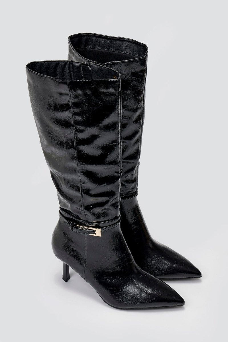Pointed Boots with Buckle Strap - Black Crinkled Patent - thefashionproject.gr - Ideal shoes