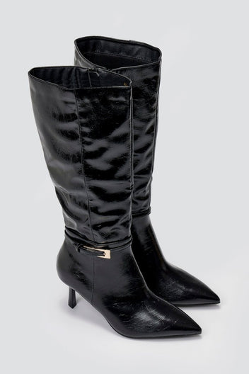 Pointed Boots with Buckle Strap - Black Crinkled Patent - thefashionproject.gr - Ideal shoes