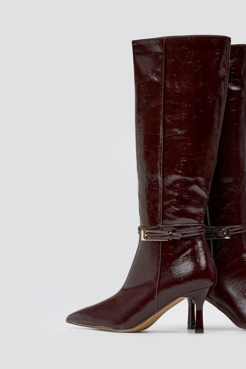 Pointed Boots with Buckle Strap - Burgundy Crinkled Patent - thefashionproject.gr - Ideal shoes