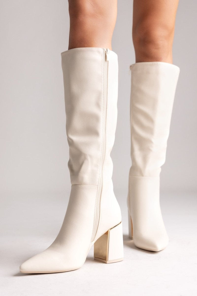 Pointed Boots with Metal Detail Block Heel - Beige Matte - thefashionproject.gr - MARQUIIZ