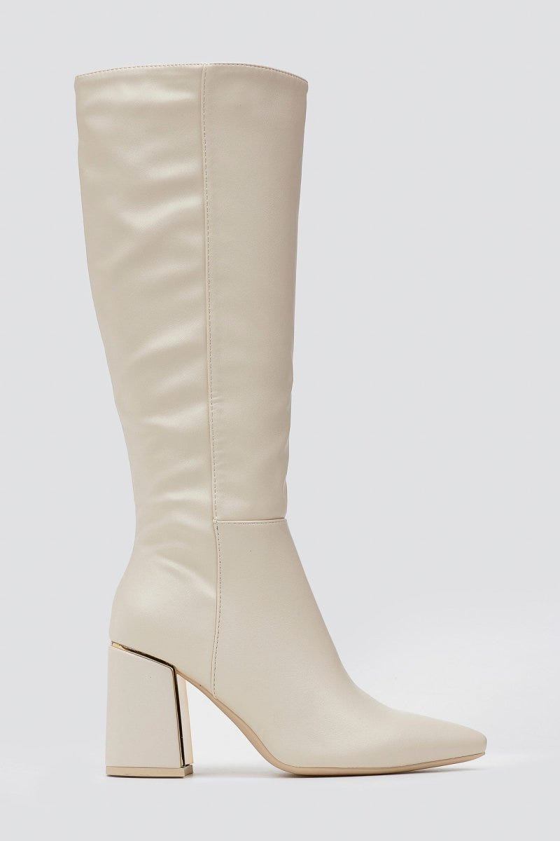 Pointed Boots with Metal Detail Block Heel - Beige Matte - thefashionproject.gr - MARQUIIZ