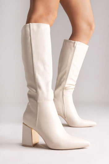 Pointed Boots with Metal Detail Block Heel - Beige Matte - thefashionproject.gr - MARQUIIZ