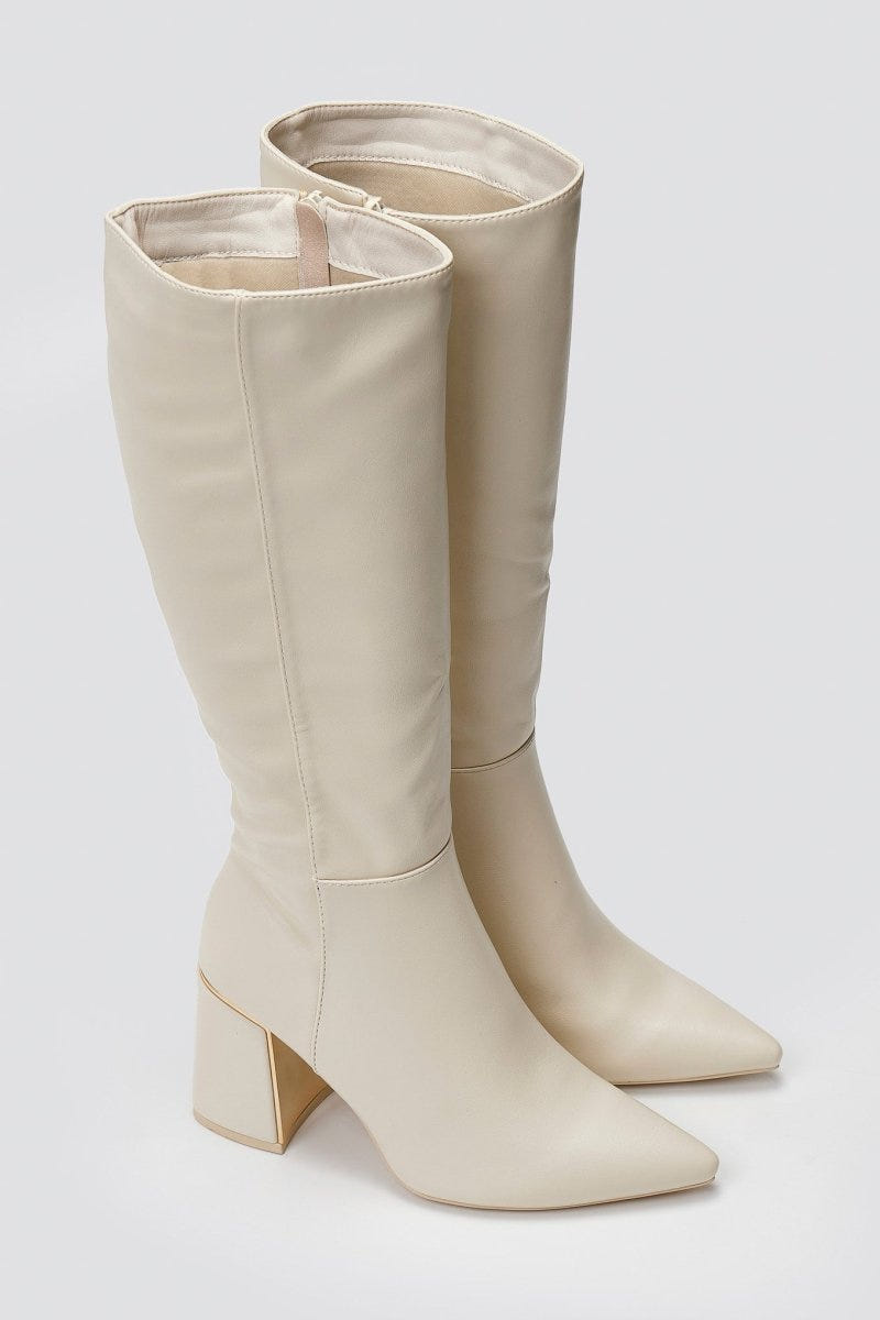 Pointed Boots with Metal Detail Block Heel - Beige Matte - thefashionproject.gr - MARQUIIZ