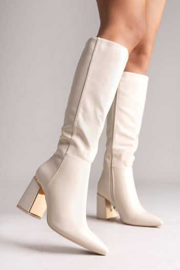 Pointed Boots with Metal Detail Block Heel - Beige Matte - thefashionproject.gr - MARQUIIZ