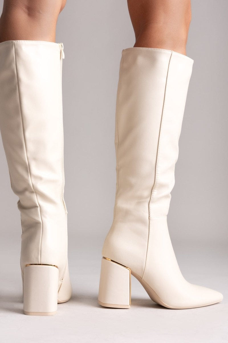 Pointed Boots with Metal Detail Block Heel - Beige Matte - thefashionproject.gr - MARQUIIZ