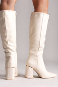 Pointed Boots with Metal Detail Block Heel - Beige Matte - thefashionproject.gr - MARQUIIZ
