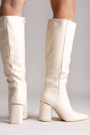 Pointed Boots with Metal Detail Block Heel - Beige Matte - thefashionproject.gr - MARQUIIZ
