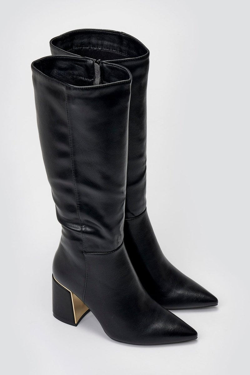 Pointed Boots with Metal Detail Block Heel - Black Matte - thefashionproject.gr - MARQUIIZ