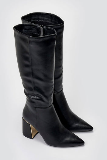 Pointed Boots with Metal Detail Block Heel - Black Matte - thefashionproject.gr - MARQUIIZ