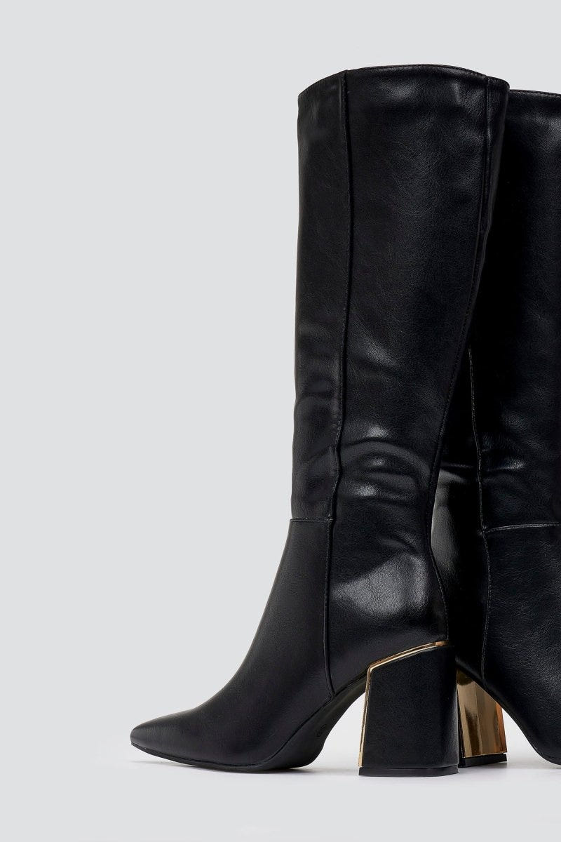 Pointed Boots with Metal Detail Block Heel - Black Matte - thefashionproject.gr - MARQUIIZ