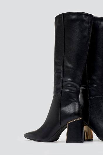 Pointed Boots with Metal Detail Block Heel - Black Matte - thefashionproject.gr - MARQUIIZ
