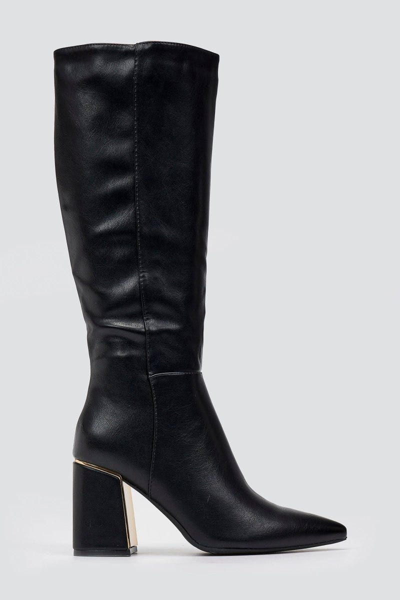Pointed Boots with Metal Detail Block Heel - Black Matte - thefashionproject.gr - MARQUIIZ