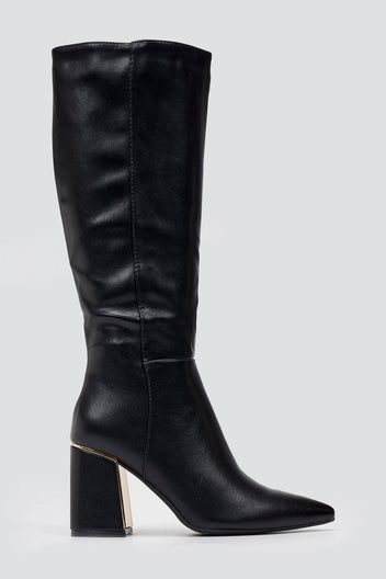 Pointed Boots with Metal Detail Block Heel - Black Matte - thefashionproject.gr - MARQUIIZ