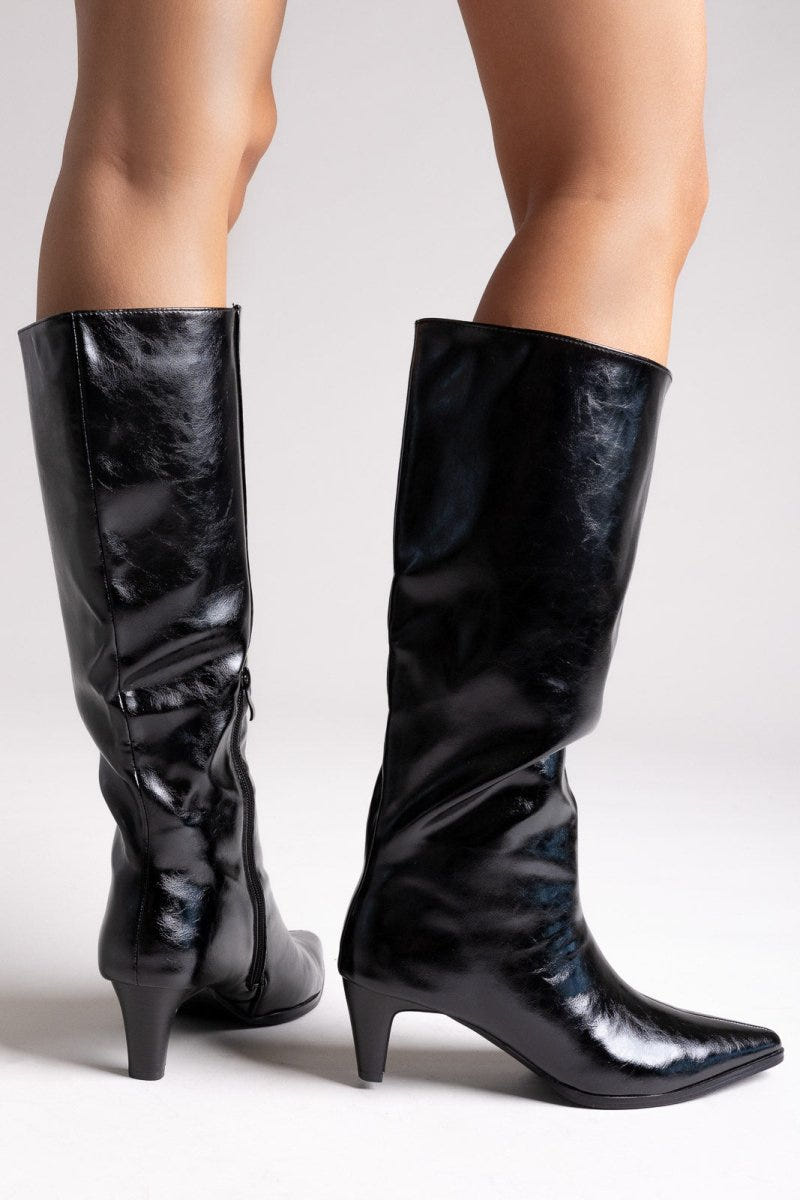 Pointed Crinkled Patent Boots with Kitten Heel - Black Crinkled Patent - thefashionproject.gr - Ideal shoes