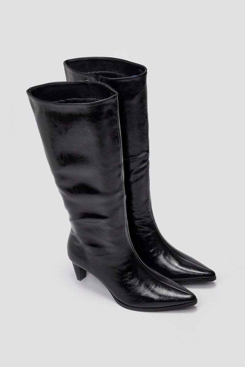 Pointed Crinkled Patent Boots with Kitten Heel - Black Crinkled Patent - thefashionproject.gr - Ideal shoes