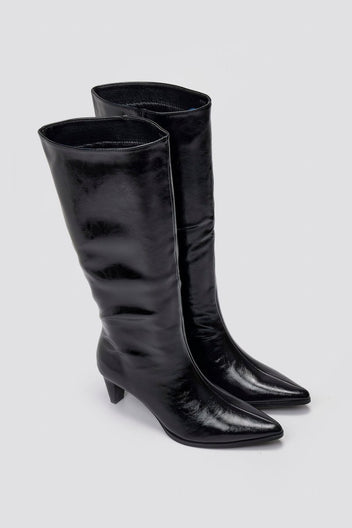 Pointed Crinkled Patent Boots with Kitten Heel - Black Crinkled Patent - thefashionproject.gr - Ideal shoes