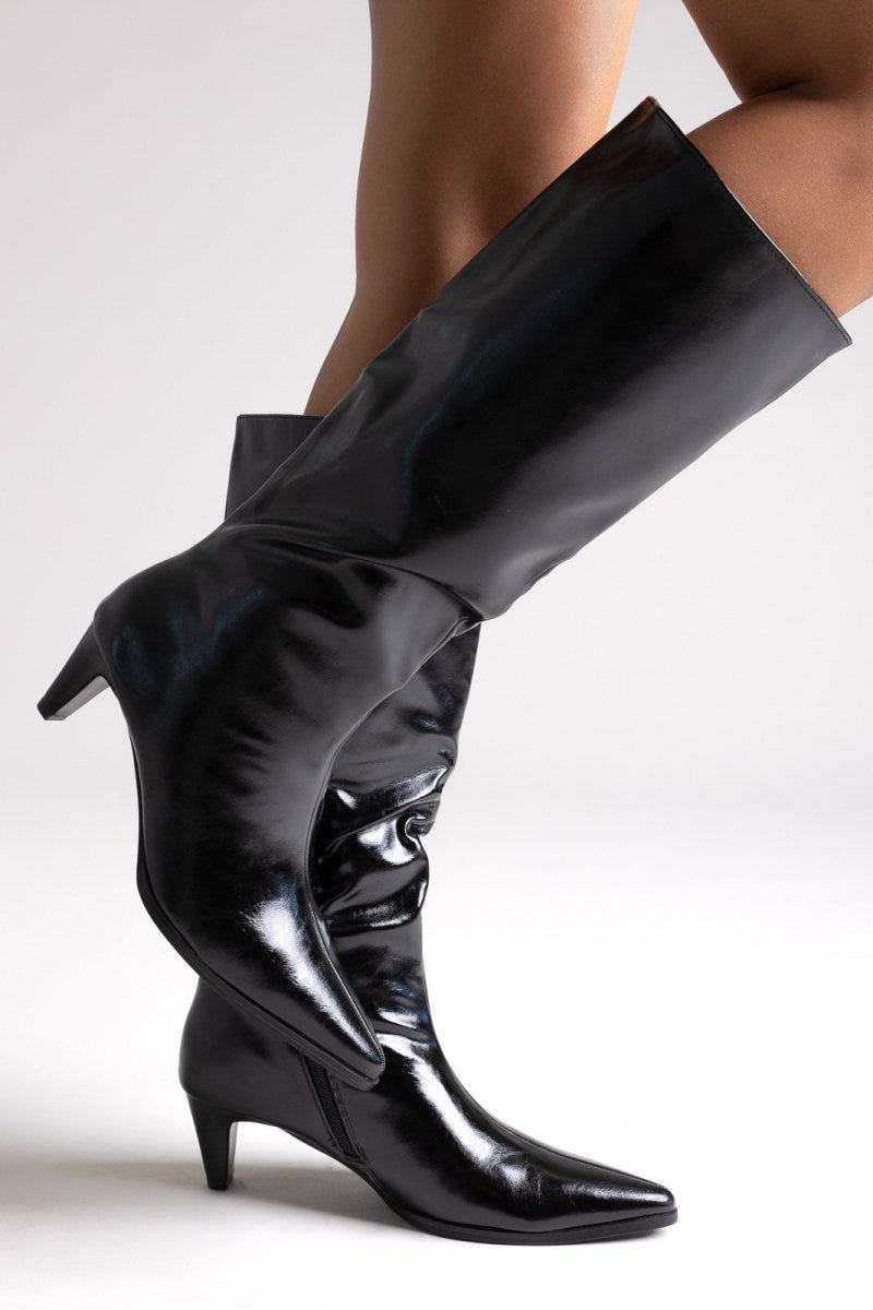 Pointed Crinkled Patent Boots with Kitten Heel - Black Crinkled Patent - thefashionproject.gr - Ideal shoes