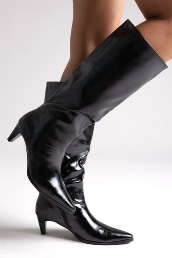 Pointed Crinkled Patent Boots with Kitten Heel - Black Crinkled Patent - thefashionproject.gr - Ideal shoes